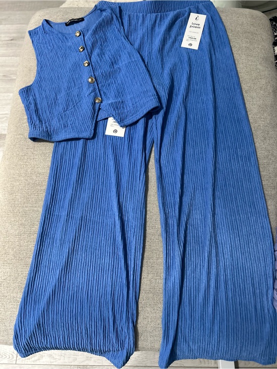 Pants - Love poems Blue Pleated Wide-Leg Pants & top Set